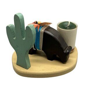 Southwestern-Themed Candle Holder With Cactus & Buffalo Design On Wooden Base